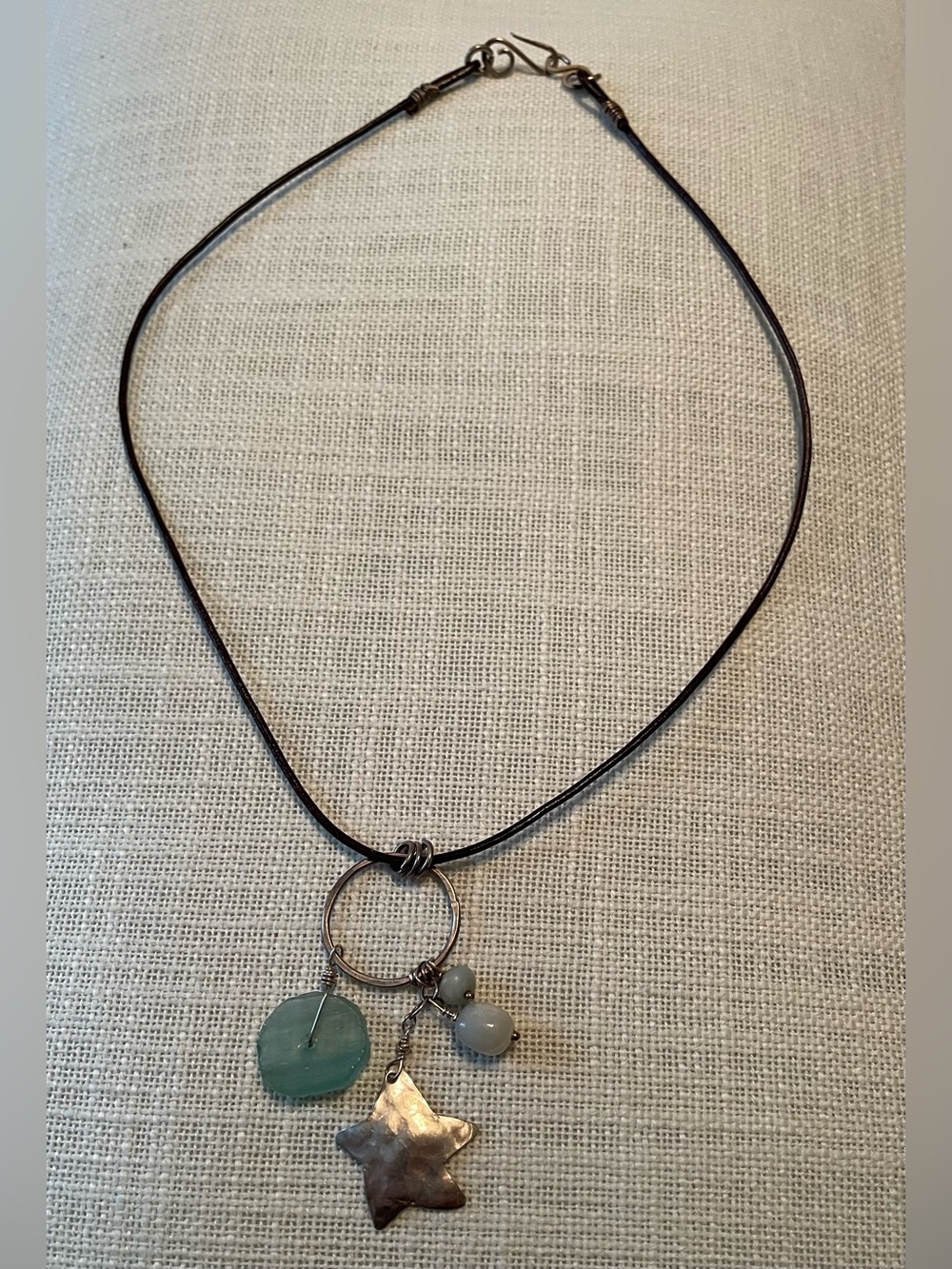 Leather Cord Necklace with Aqua and Silver Star Charms